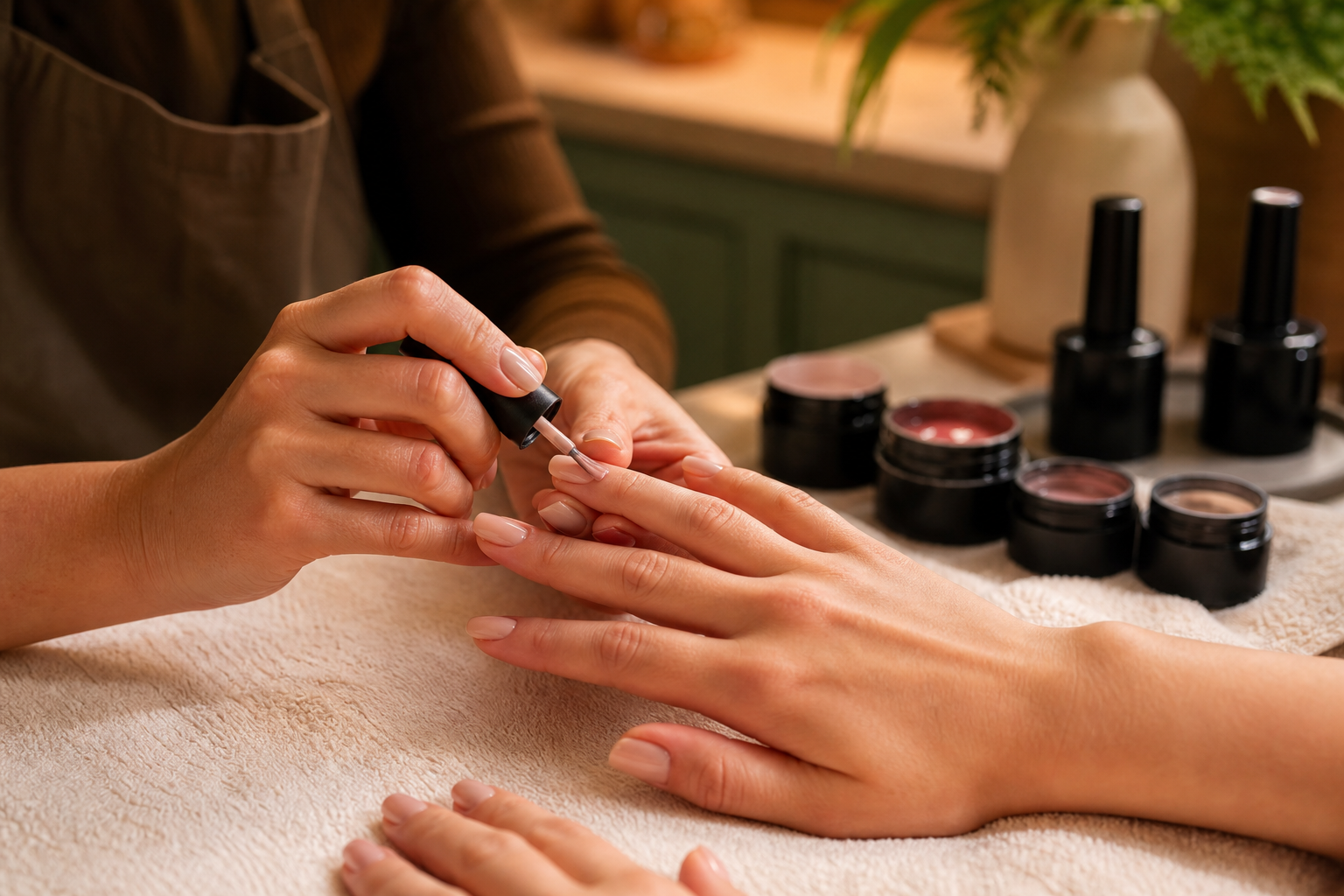 A warm salon manicure treatment with glossy gel polish being applied